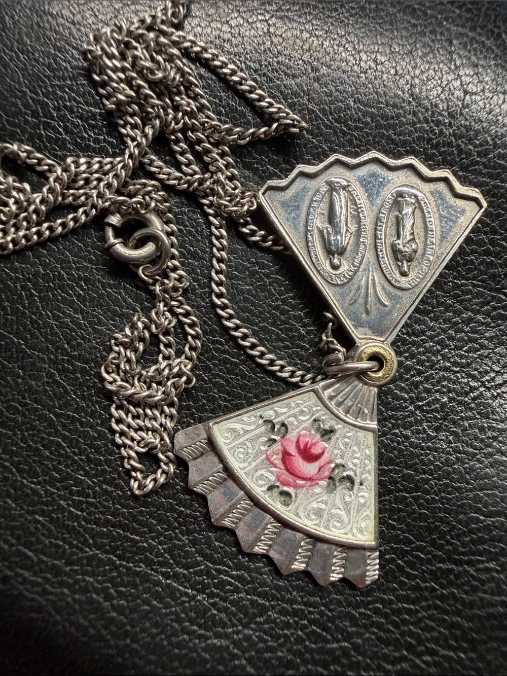 Vintage 925 Guilloche Enamel Rose Slide Hand Fan 4-Way Religious Medal Necklace - Picture 4 of 16